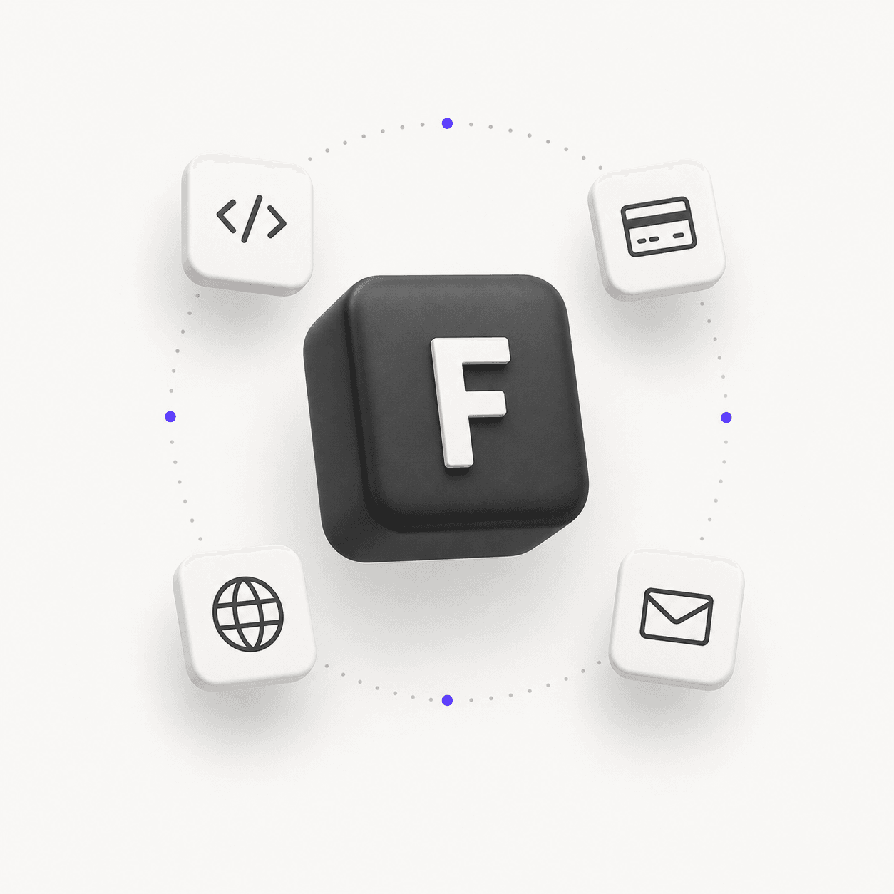Your code, payments, domain, and email tiles orbiting the Founderizer mark