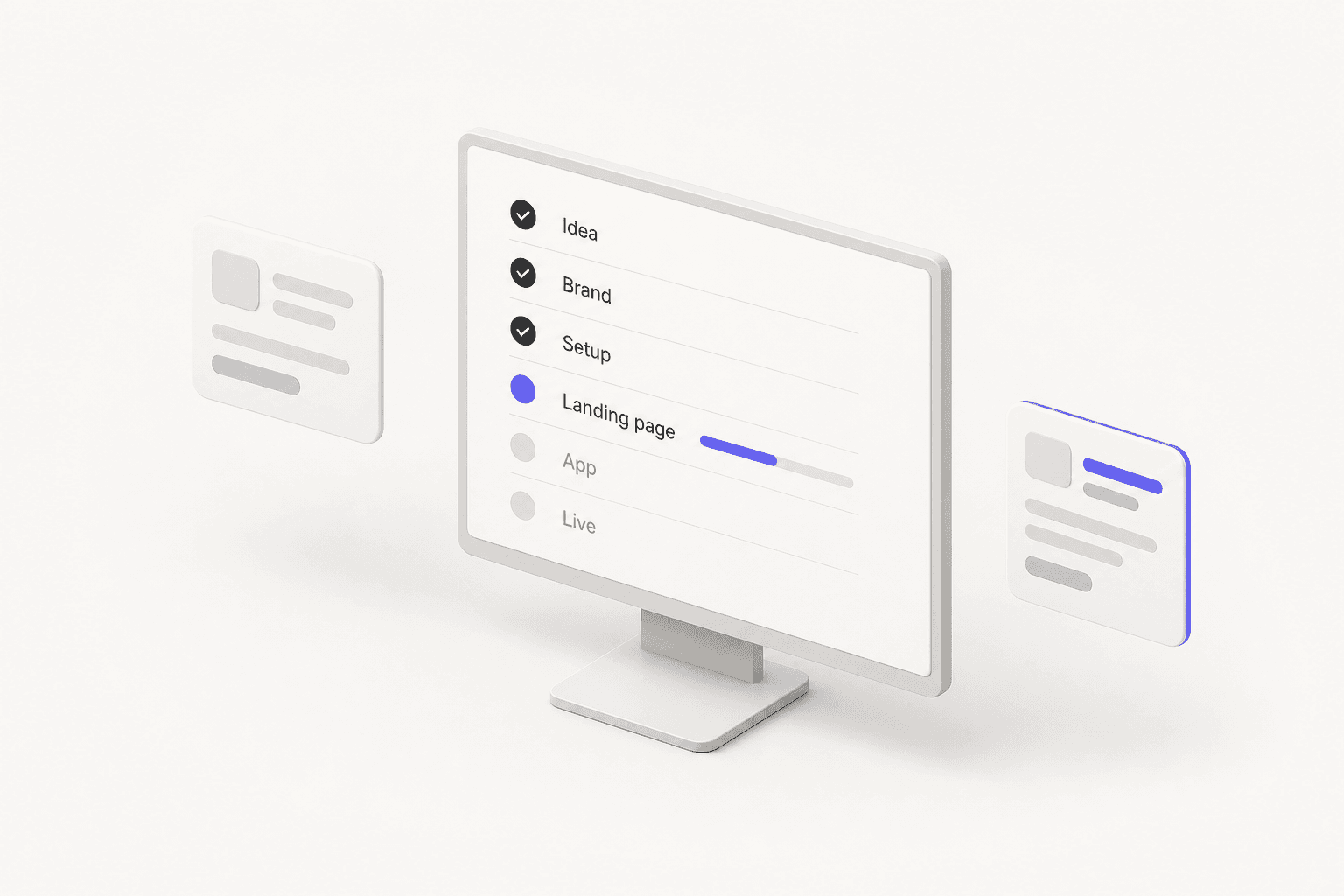 A monitor showing the six build stages — Idea, Brand, Setup, Landing page, App, Live — with the first three checked and the landing page in progress