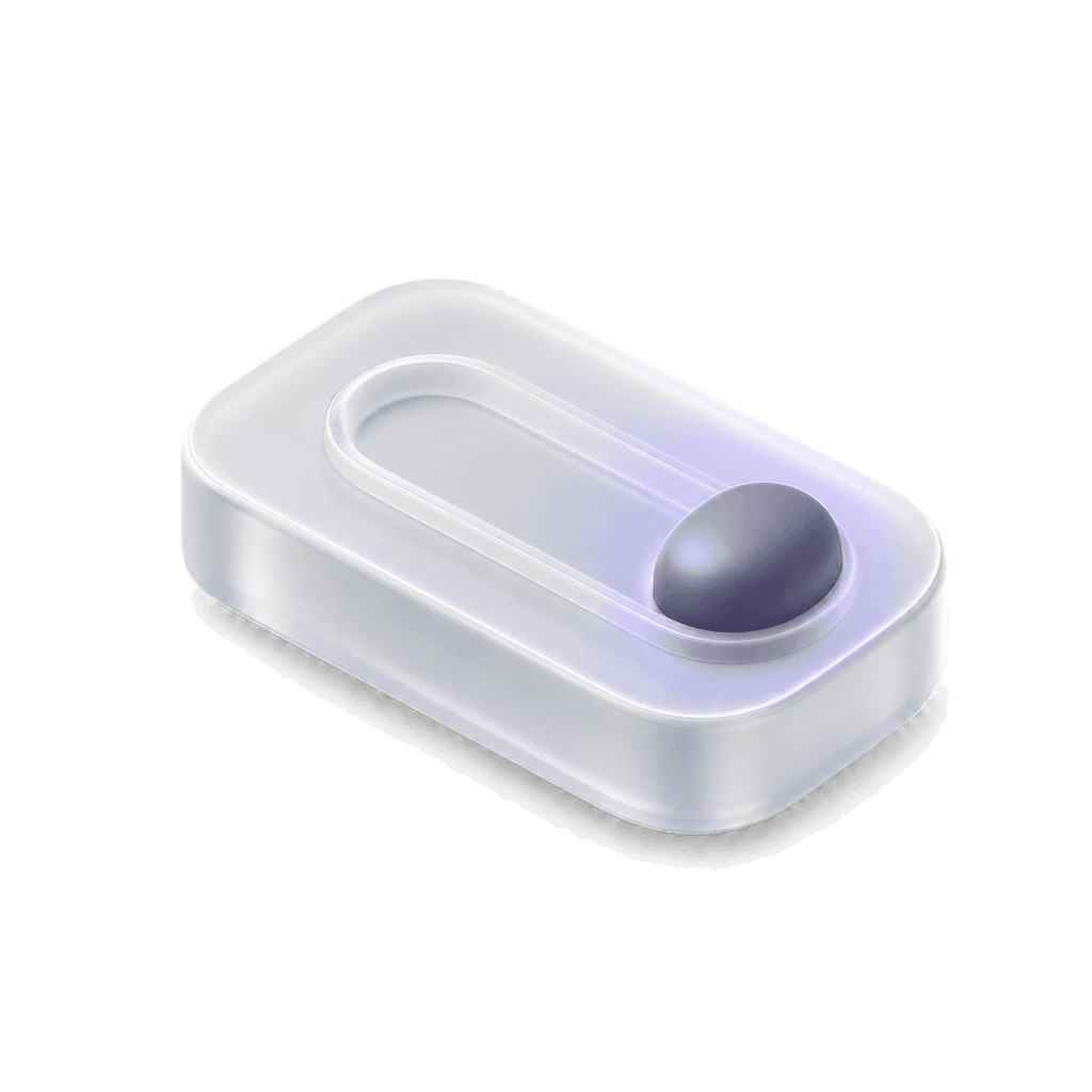 An isometric glass switch flipped on, its glowing knob set to autopilot