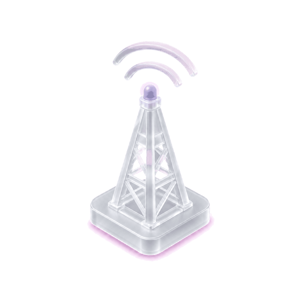 An isometric broadcast mast representing a verified internet launch