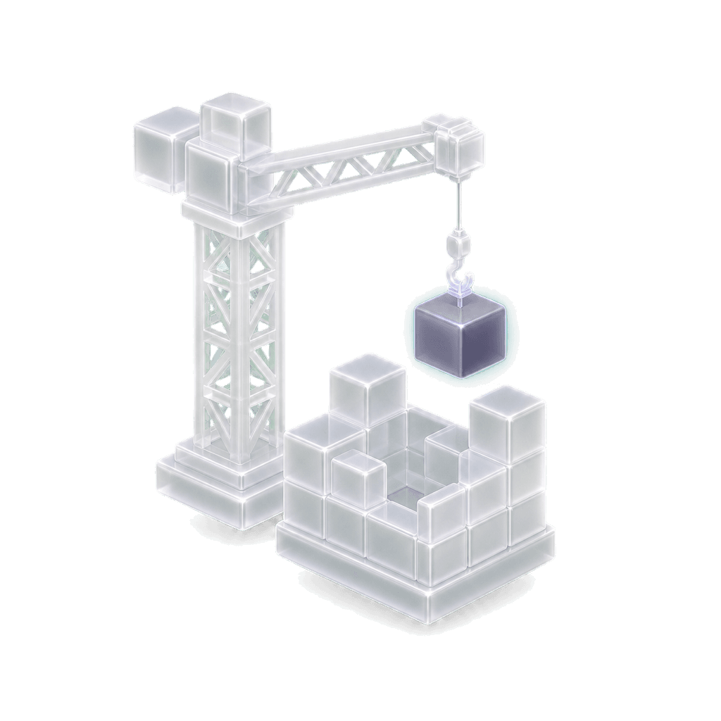 An isometric crane placing a glowing block as your product is built