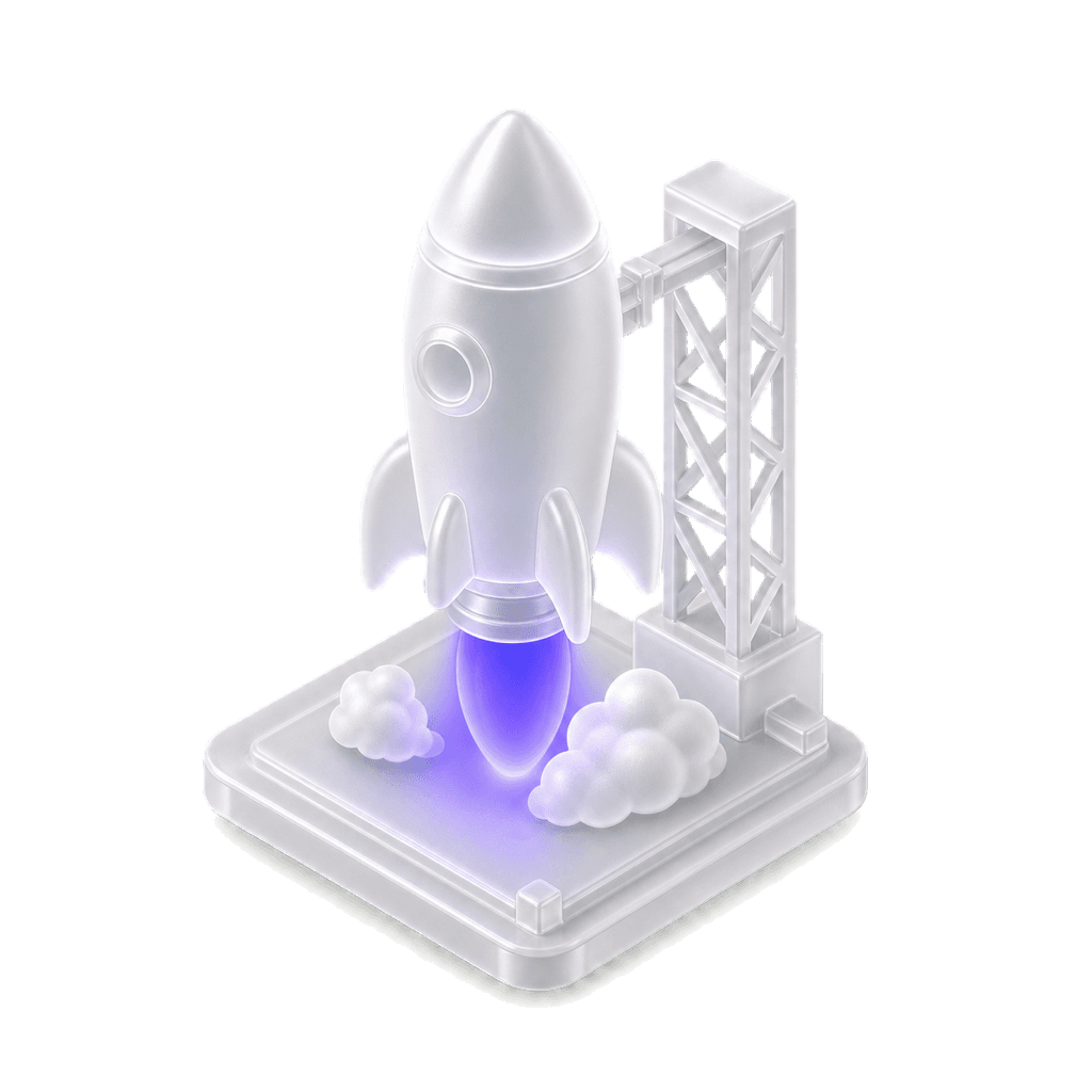A frosted-glass rocket on its launch pad, indigo engine flame burning