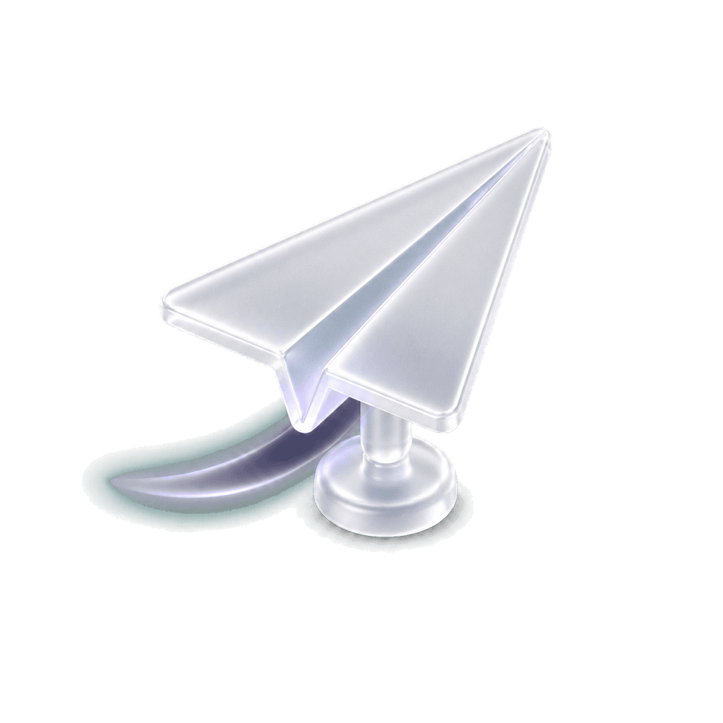 A glass paper plane taking off with a glowing indigo trail