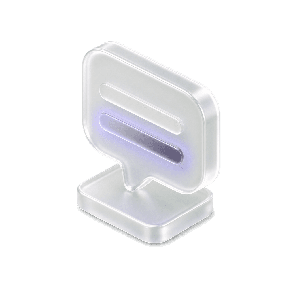 An isometric speech bubble with a glowing line of text: your idea in plain English